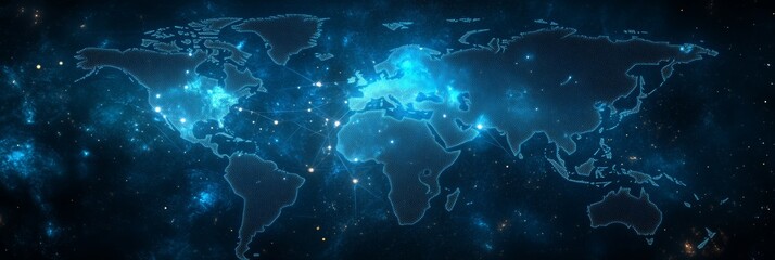 Blue Glowing World Map with Connecting Lines, Depicting Global Network and Communication
