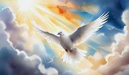White dove flying gracefully through bright clouds with sun rays illuminating the sky