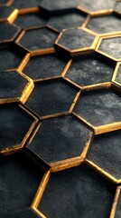 A close-up of the hexagonal tiles on a floor, each tile made up of gold and black metal, against a dark background