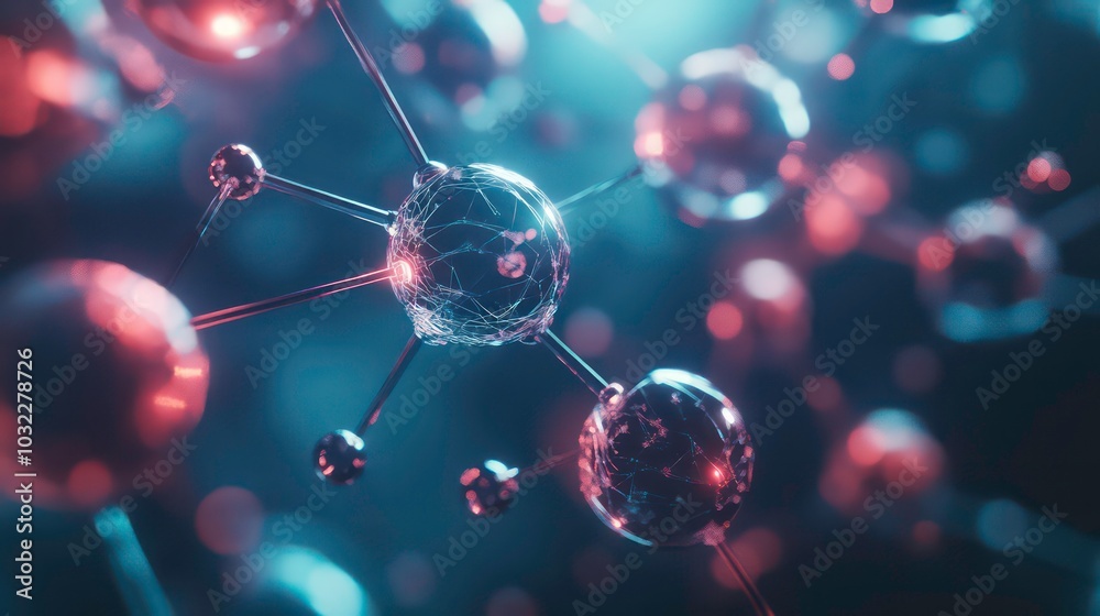 Wall mural abstract 3d rendering of a molecular structure with glowing spheres and a blurred background.