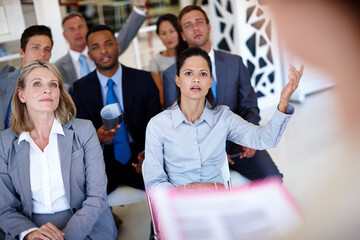 Meeting, confused and speaker with business people in conference, tradeshow and presentation....