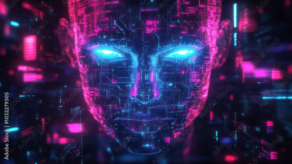Wall mural a digital rendering of a human face constructed of glowing circuitry.