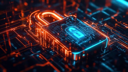 A glowing padlock sits on a circuit board, symbolizing digital security.