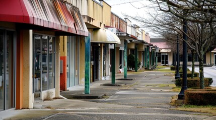 Desolate Shopping District: Abandoned Stores, Cracked Pavement, and Peeling Paint, Illustrating the Downturn of the Retail Industry
