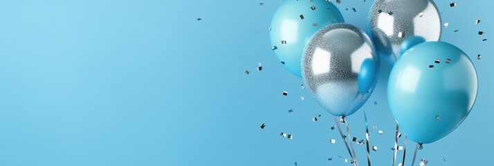 blue balloons with silver streamers and confetti on a light sky-blue background