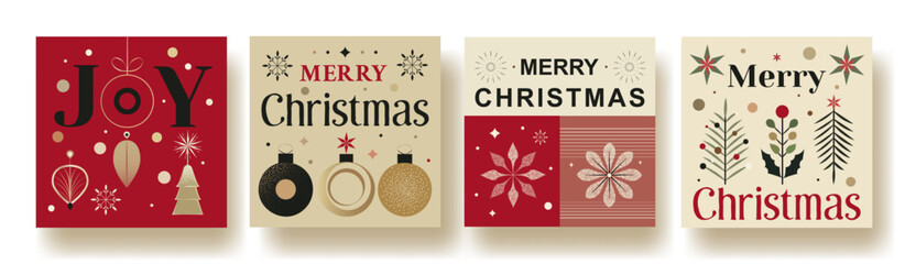 Set of four Christmas greeting cards with festive 'Joy' and Merry Christmas text. Includes holiday elements such as ornaments, snowflakes, Christmas trees, and decorative accents in red, beige, black