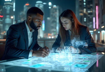 Innovative professionals collaborating on digital project at night, surrounded by vibrant cityscape. Their focus and teamwork highlight essence of modern technology and urban development