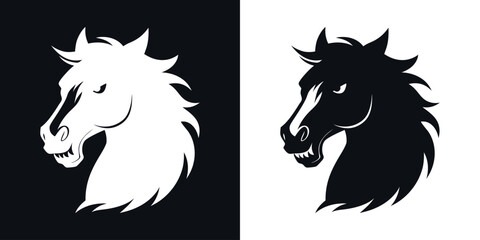 angry  horse cartoon black and white silhouette or icon vector illustration