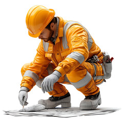 Construction worker reviewing blueprints on the ground, wearing safety gear and helmet, focused on project details.