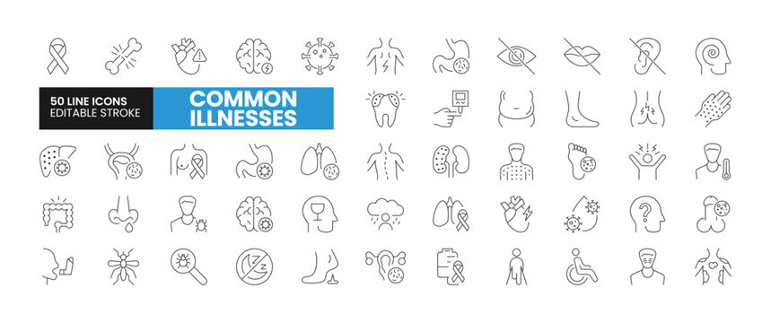 Set of 50 Common Illnesses line icons set. Common Illnesses outline icons with editable stroke collection. Includes Breast Cancer, Depression, Brain Tumor, Allergy, Diabetes, and More.