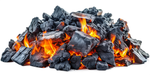 Smoldering burning coals, cut out on white background.AI GENERATED