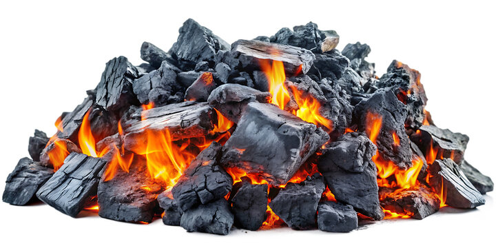 Smoldering burning coals, cut out on white background.AI GENERATED