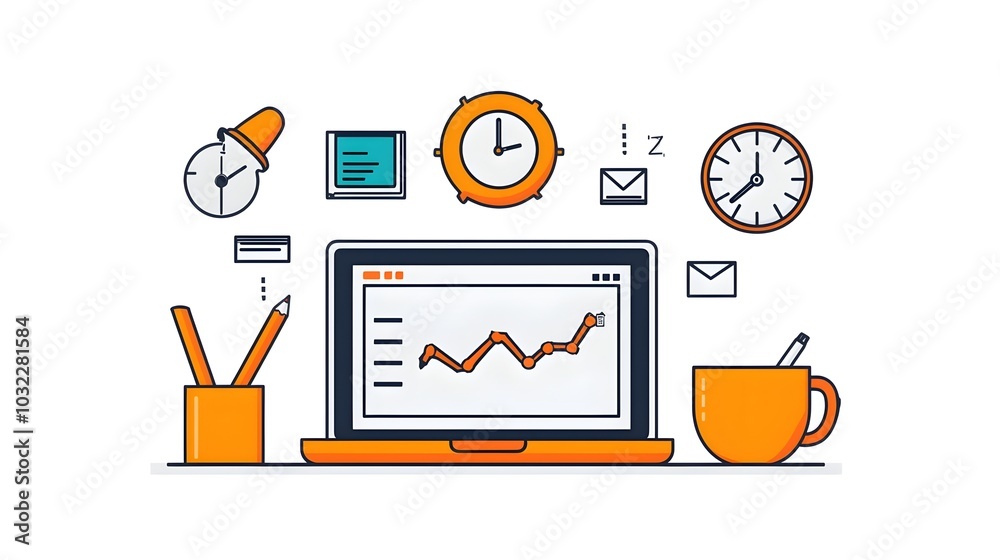 Poster Set of thin line icons representing productivity themes such as service management and performance tracking for efficient business and enterprise level management
