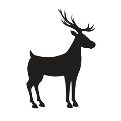 Black silhouette of a standing full length deer. Vector illustration isolated on white background