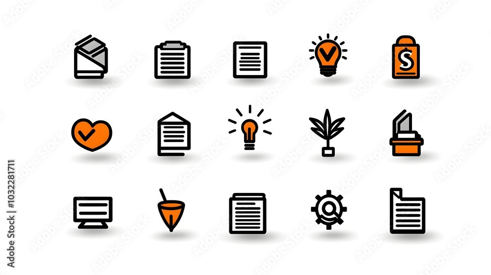 Poster Collection of thin line icons focused on productivity organization project achievement and process improvement  Representing key tools and elements for streamlining business workflows
