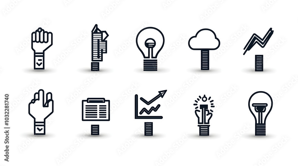 Poster Thin line icons showcasing productivity process efficiency growth charts and organizational performance metrics  Minimalist clean design suitable for business management and data visualization