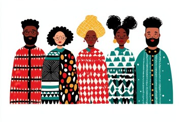 Diverse group of people in traditional attire, colorful patterns, white isolate background.