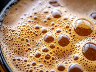A close-up of bubbling beer during the fermentation process, with foam rising and grains visible, capturing the science and magic of home brewing.