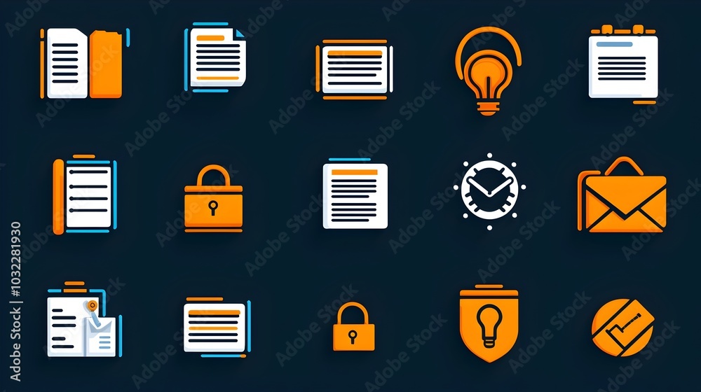 Aufkleber of thin line style icons depicting key productivity elements like industrial process optimization and time efficiency  This image showcases a minimalist
