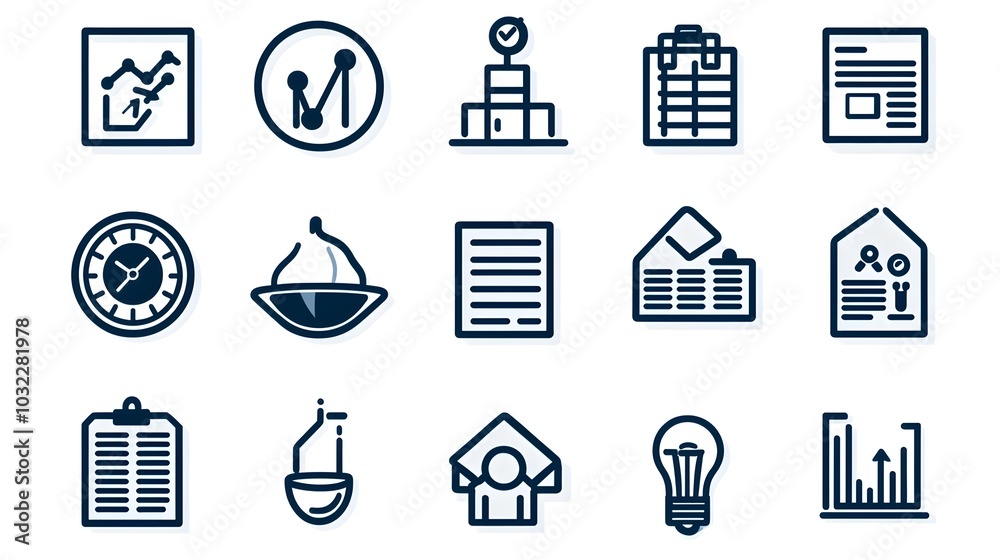 Poster Precision productivity icons in a thin line style illustrating key elements of industrial process optimization and time efficiency for business management and workflow transformation