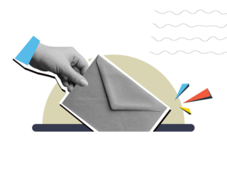 Hand puts a closed craft envelope in the slot. Trendy collage style. Illustration on transparent background