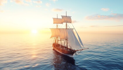 Obraz premium A majestic sailing ship gliding over calm ocean waters during a vibrant sunset.