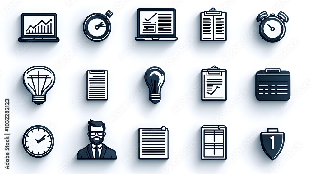 Poster Elegant thin line icons showcasing various aspects of productivity project goal achievement in a clean modern style  Ideal for business technology and workflow related designs