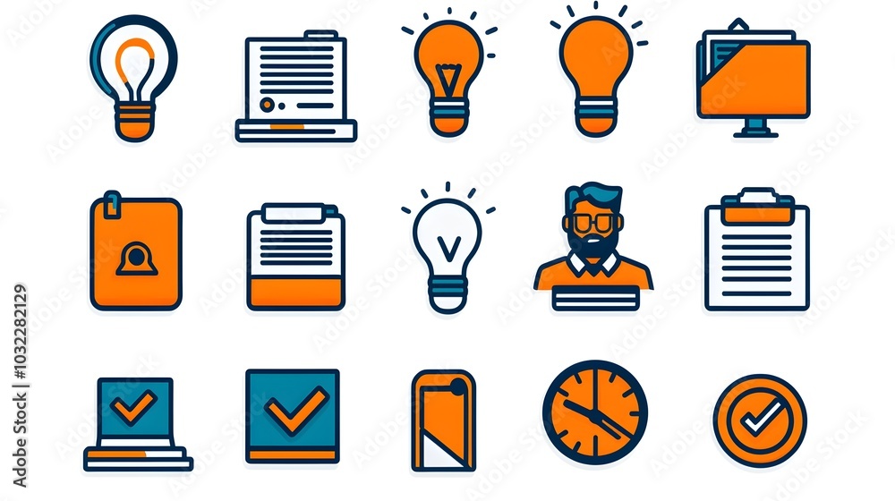 Poster A comprehensive collection of thin line icons designed to visually represent key concepts and tools related to productivity organization project management