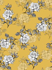 Seamless pattern with flowers and leaves. Hand drawn background. floral pattern for wallpaper or fabric. Flower rose. 