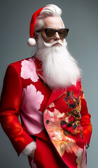 Sophisticated Santa Claus with white beard wearing a floral-patterned red suit, stylish sunglasses, and Santa hat, blending elegance with holiday charm. Concept of modern Santa, festive fashion