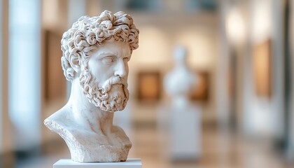 Obraz premium A detailed marble bust of a man, showcasing intricate hair and beard, displayed in an art gallery setting.