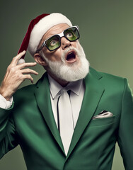 Stylish elderly man with a white beard, wearing a Santa hat and green suit, posing with a surprised expression and oversized glasses. Concept of modern Santa, humor and fashionable twist on tradition