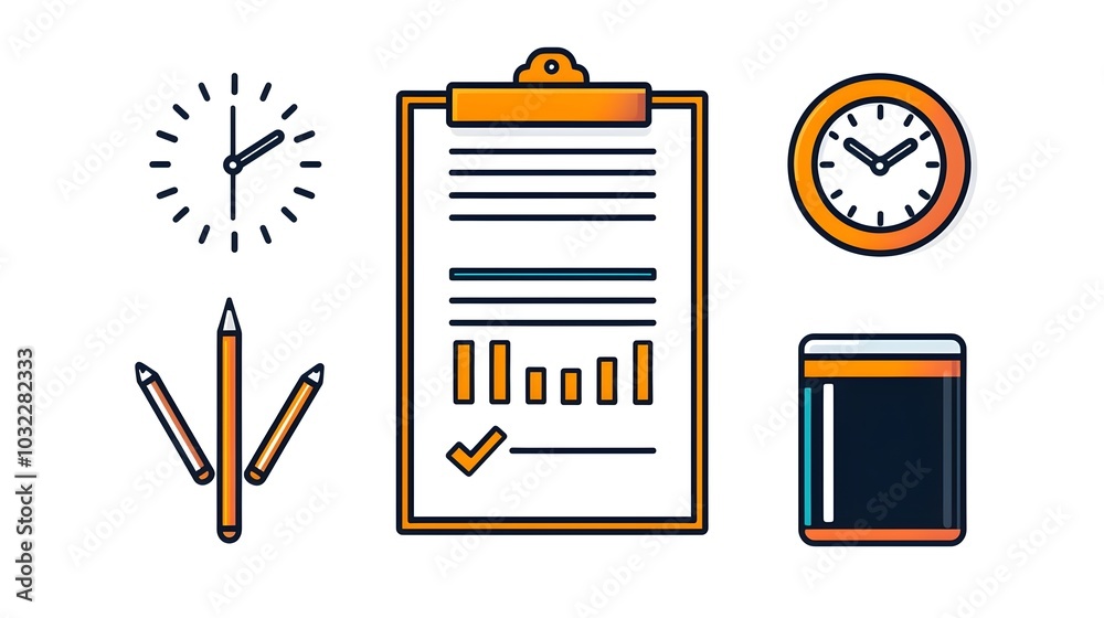 Poster Minimalist productivity icon set with thin line style design elements representing deadline optimization organizational performance time management efficiency business process and corporate workflow