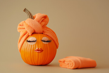 Autumn spa rejuvenation treatment. Thanksgiving funny pumpkin relaxing in massage and hair salon with gift card. Lip filler and eyelash extensions humor with copy space