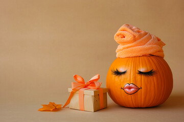 Autumn spa rejuvenation treatment. Thanksgiving funny pumpkin relaxing in massage and hair salon with gift card. Lip filler and eyelash extensions humor with copy space 