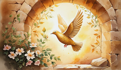 Golden dove flying out of stone archway surrounded by flowers and green vines in soft warm light