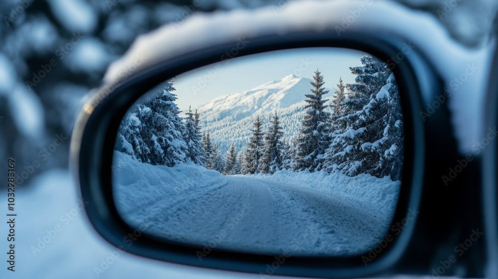 Poster a serene winter scene with snow-covered trees and mountains reflected in the side mirror of a vehicl