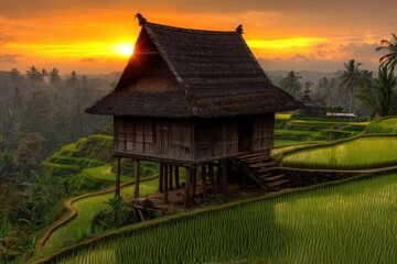 Obraz premium A traditional wooden house on stilts amidst lush rice terraces, illuminated by a stunning sunset, showcasing serene rural beauty.