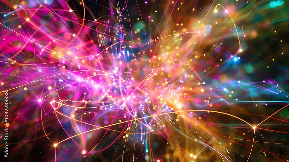 Poster abstract arrangement of bright, neon-like lines and dots forming a dynamic web-like structure, repre