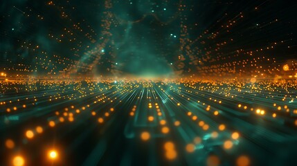 Fototapeta premium A high-tech digital scene with glowing connections and dots stretching across a dark horizon, depicting the movement of information