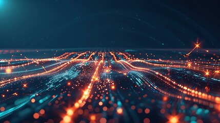 A high-tech digital scene with glowing connections and dots stretching across a dark horizon, depicting the movement of information