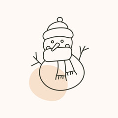 Outline, funny snowman. Vector illustration, perfect for Christmas cards, decorations, invitations, banners, labels, discounts. 
