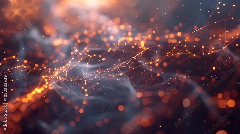 Poster glowing nodes and intricate lines forming a web of data flow on a shadowy background, evoking the id