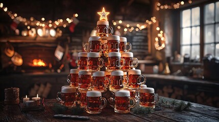 Beer mugs arranged in a festive display