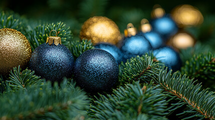 Blue and Gold Christmas Ornaments on Tree Branches – Festive Holiday Decorations, ai generative