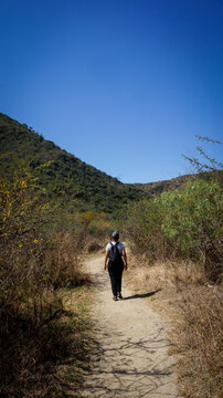  young woman hiking in a dirth road surrounded by a green forest and some small hills 