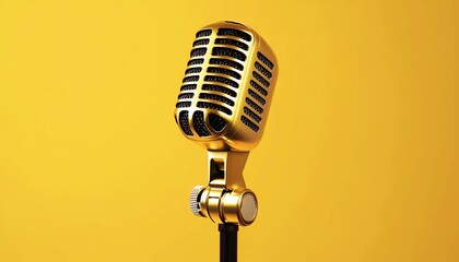 Vintage gold microphone on vibrant yellow background, perfect for music, performances, and podcasts.