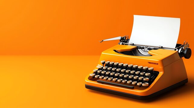 Vintage orange typewriter on an orange background with plain paper.