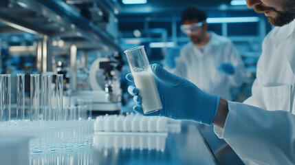 A close-up shot of a hand holding a test tube filled with milk, showing layers of stratification, while a food scientist works in the background with advanced lab equipment surroun