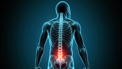 X-ray of a human lumbar joint with red color highlighting inflammation